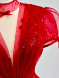 Ndyad A-Line Tulle Sequin Long Prom Dress, Burgundy Formal Dress HZ1024