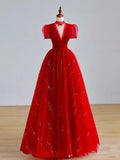 Ndyad A-Line Tulle Sequin Long Prom Dress, Burgundy Formal Dress HZ1024