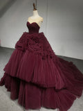Ndyad Round Neck Tulle Burgundy Long Prom Gown, Burgundy Long Evening Dress HZ1024