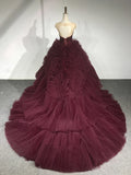 Ndyad Round Neck Tulle Burgundy Long Prom Gown, Burgundy Long Evening Dress HZ1024