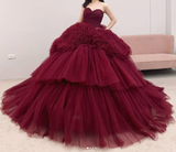 Ndyad Round Neck Tulle Burgundy Long Prom Gown, Burgundy Long Evening Dress HZ1024