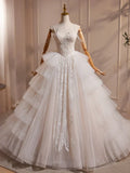 Ndyad Sweetheart Neck Tulle Lace Applique Beige Long Prom Dress with Beads HZ1024