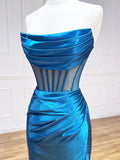 Ndyad Satin Mermaid Long Prom Dresses, Blue Formal Evening Dresses HZ1024