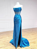 Ndyad Satin Mermaid Long Prom Dresses, Blue Formal Evening Dresses HZ1024