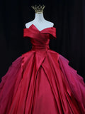 Ndyad Off Shoulder Satin Tulle Long Prom Gown, Red Long Evening Gown HZ1024