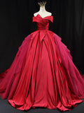 Ndyad Off Shoulder Satin Tulle Long Prom Gown, Red Long Evening Gown HZ1024