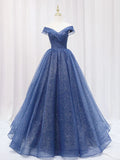 Ndyad Dark Blue Tulle Long Prom Dresses, Blue Formal Evening Dress HZ1024