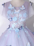 Ndyad Round Neck Tulle Lace Purple Long Prom Dress, Purple Formal Dress HZ1024