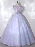 Ndyad Round Neck Tulle Lace Purple Long Prom Dress, Purple Formal Dress HZ1024