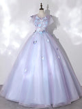 Ndyad Round Neck Tulle Lace Purple Long Prom Dress, Purple Formal Dress HZ1024