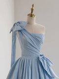 Ndyad One Shoulder Satin Blue Long Prom Dresses, Blue Formal Evening Dress HZ1024
