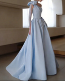 Ndyad One Shoulder Satin Blue Long Prom Dresses, Blue Formal Evening Dress HZ1024