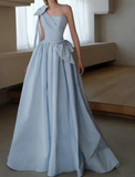 Ndyad One Shoulder Satin Blue Long Prom Dresses, Blue Formal Evening Dress HZ1024