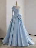 Ndyad One Shoulder Satin Blue Long Prom Dresses, Blue Formal Evening Dress HZ1024