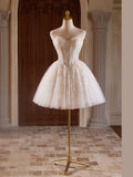 Ndyad Sweetheart Neck Tulle Lace Light Champagne Short Prom Dress HZ1024