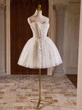 Ndyad Sweetheart Neck Tulle Lace Light Champagne Short Prom Dress HZ1024