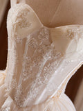 Ndyad Sweetheart Neck Tulle Lace Light Champagne Short Prom Dress HZ1024