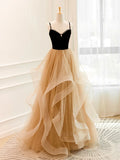 Ndyad Champagne Tulle Long Prom Dress, Champagne Evening Dresses HZ1024