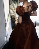 Ndyad Puff Sleeves Satin Long Prom Dress, Long Evening Dresses HZ1024