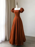 Ndyad Puff Sleeves Satin Long Prom Dress, Long Evening Dresses HZ1024
