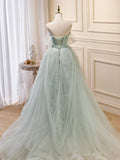 Ndyad Off Shoulder Tulle Sequin Green Long Prom Dress, Green Formal Dress HZ1024