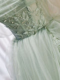 Ndyad Off Shoulder Tulle Sequin Green Long Prom Dress, Green Formal Dress HZ1024