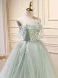 Ndyad Off Shoulder Tulle Sequin Green Long Prom Dress, Green Formal Dress HZ1024