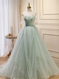 Ndyad Off Shoulder Tulle Sequin Green Long Prom Dress, Green Formal Dress HZ1024