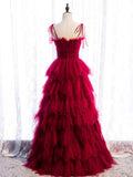 Ndyad Tulle Long Prom Dresses, Burgundy Formal Graduation Dresses HZ1024