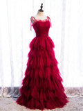 Ndyad Tulle Long Prom Dresses, Burgundy Formal Graduation Dresses HZ1024