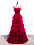 Ndyad Tulle Long Prom Dresses, Burgundy Formal Graduation Dresses HZ1024