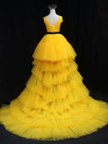 Ndyad Tulle High Low Prom Dress, Yellow Formal Evening Dress HZ1024