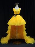 Ndyad Tulle High Low Prom Dress, Yellow Formal Evening Dress HZ1024