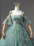 Ndyad Dusty Green Tulle Lace Long Prom Dresses, Green Formal Evening Dress HZ1024