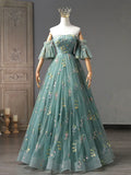 Ndyad Dusty Green Tulle Lace Long Prom Dresses, Green Formal Evening Dress HZ1024