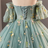 Ndyad Dusty Green Tulle Lace Long Prom Dresses, Green Formal Evening Dress HZ1024