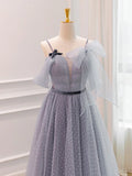 Ndyad A-Line Tulle Long Prom Dresses, Gray Formal Evening Dresses HZ1024