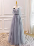 Ndyad A-Line Tulle Long Prom Dresses, Gray Formal Evening Dresses HZ1024