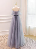 Ndyad A-Line Tulle Long Prom Dresses, Gray Formal Evening Dresses HZ1024