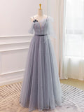 Ndyad A-Line Tulle Long Prom Dresses, Gray Formal Evening Dresses HZ1024