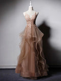 Ndyad v neck tulle lace long prom dress,champagne evening dress HZ1024