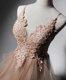 Ndyad v neck tulle lace long prom dress,champagne evening dress HZ1024
