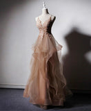 Ndyad v neck tulle lace long prom dress,champagne evening dress HZ1024