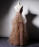 Ndyad v neck tulle lace long prom dress,champagne evening dress HZ1024