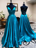 Ndyad Blue Satin Long Prom Dress, Blue Formal Evening Dresses HZ1024