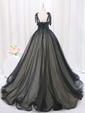 Ndyad Black Tulle Lace Long Prom Dresses, Black Long Evening Dresses HZ1024