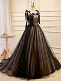 Ndyad Black Tulle Lace Long Prom Dresses, Black Long Evening Dresses HZ1024