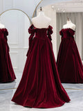 Ndyad Burgundy Velvet Long Prom Dress, Burgundy Evening Dresses HZ1024