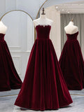 Ndyad Burgundy Velvet Long Prom Dress, Burgundy Evening Dresses HZ1024