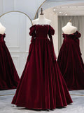 Ndyad Burgundy Velvet Long Prom Dress, Burgundy Evening Dresses HZ1024